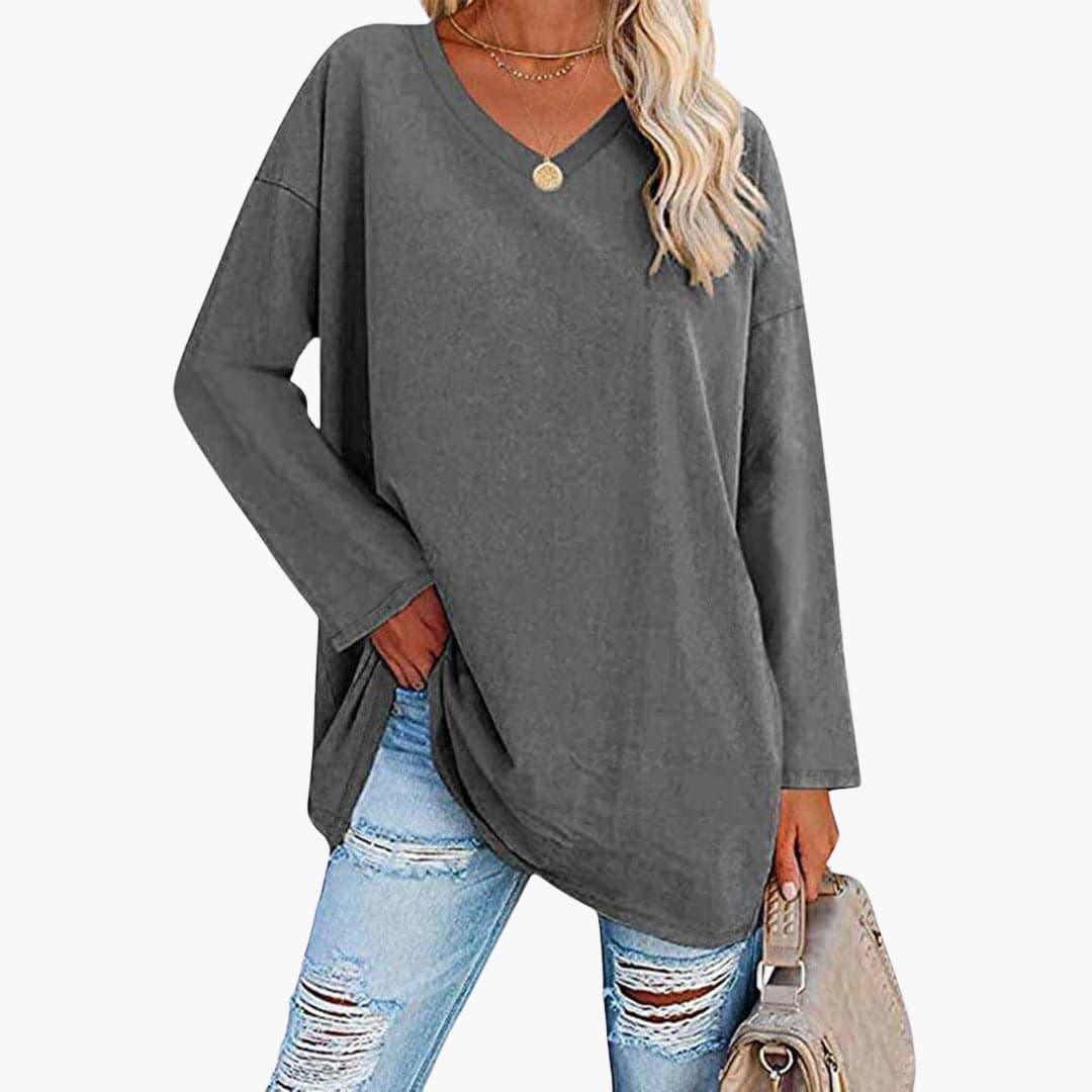 Elegant Loose Long Sleeve Blouse - V-Neck Top for Women