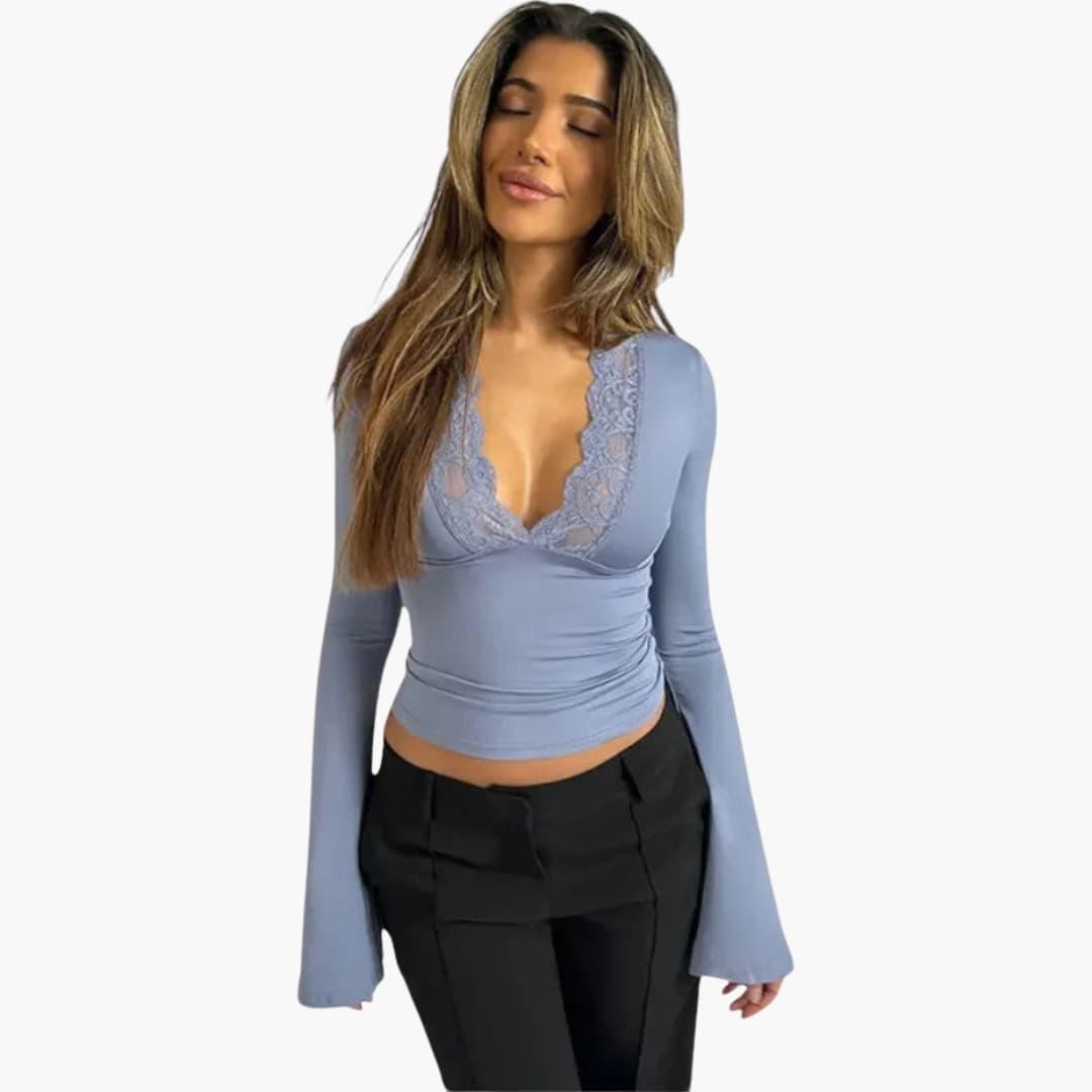 Low Cut Lace Flare Top - V Neck Semi-Cropped for Women