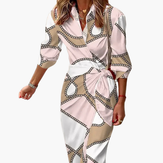 Midi Wrap Dress with 3/4 Sleeves for Women – Striped Pattern