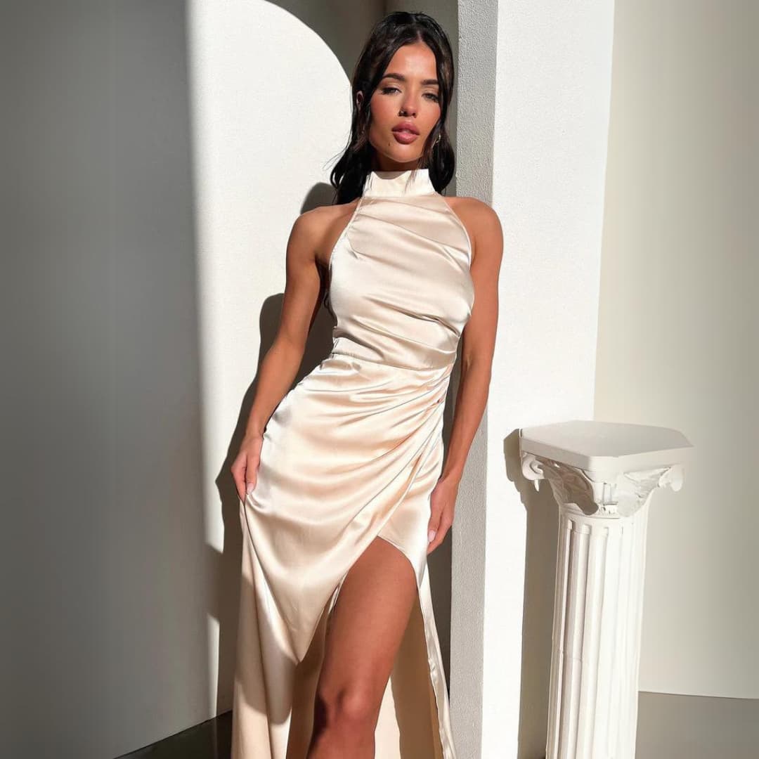 Lydia - Halterneck Sleeveless Slit Maxi Dress