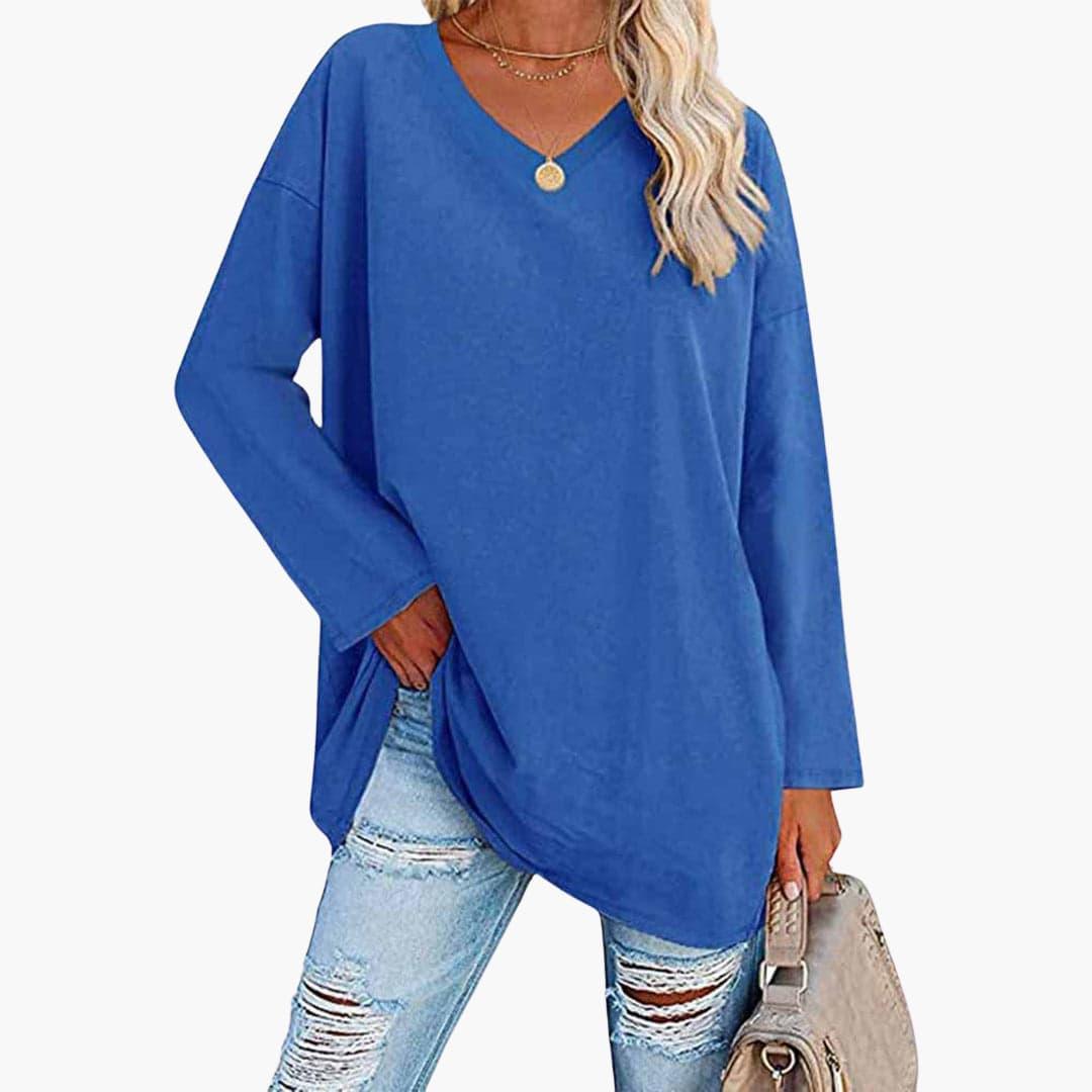 Elegant Loose Long Sleeve Blouse - V-Neck Top for Women