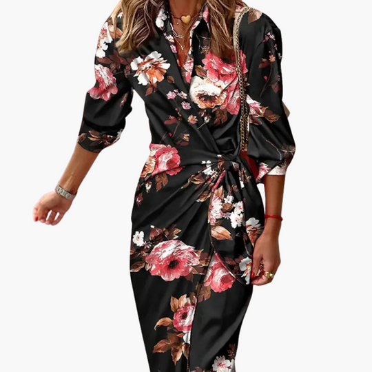 Midi Wrap Dress with 3/4 Sleeves for Women – Striped Pattern