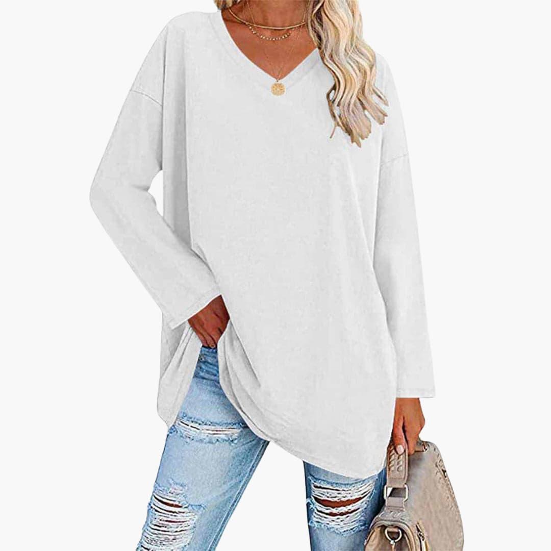 Elegant Loose Long Sleeve Blouse - V-Neck Top for Women