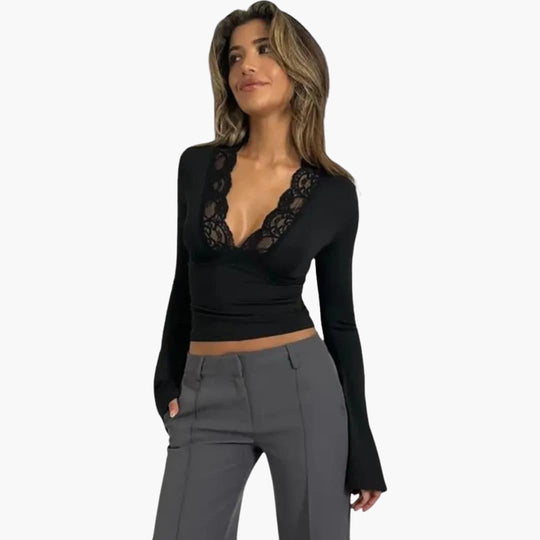 Low Cut Lace Flare Top - V Neck Semi-Cropped for Women
