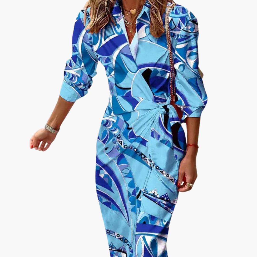 Midi Wrap Dress with 3/4 Sleeves for Women – Striped Pattern
