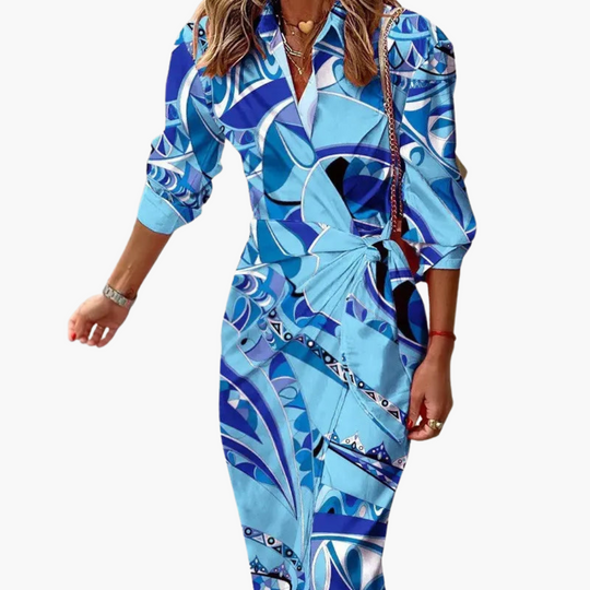 Midi Wrap Dress with 3/4 Sleeves for Women – Striped Pattern