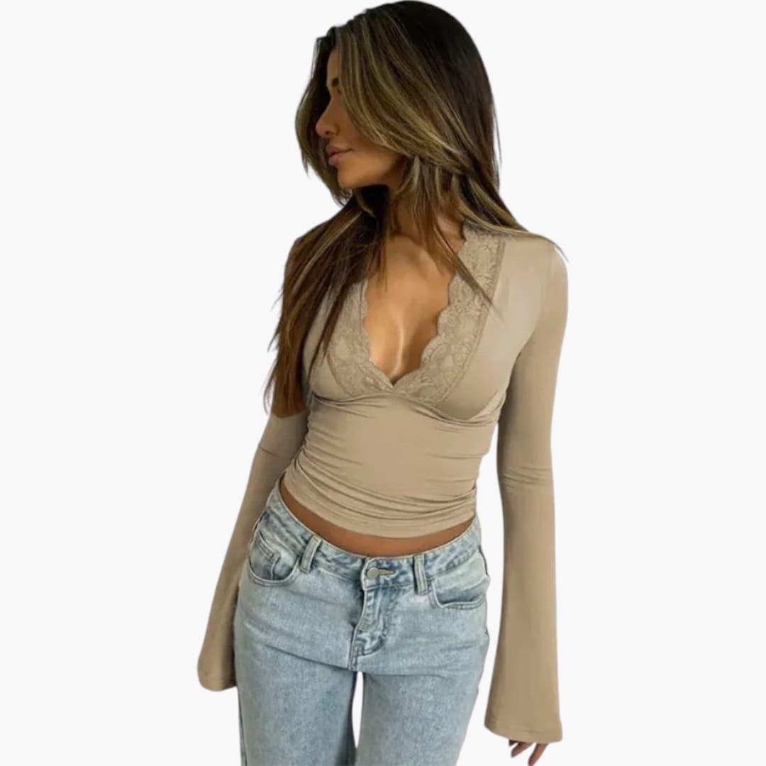 Low Cut Lace Flare Top - V Neck Semi-Cropped for Women