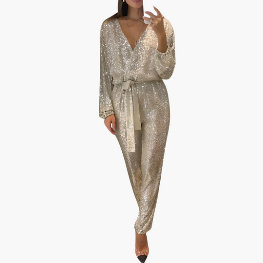Women’s sequin long sleeve jumpsuit with belted waist