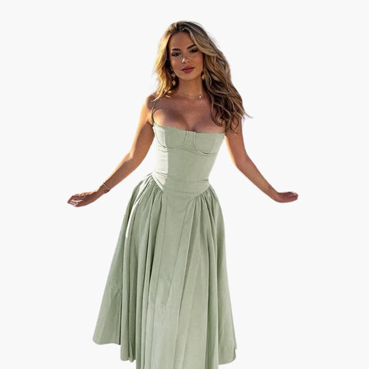 Midi Dress - Women’s Retro Corset Fit with Pleated Skirt