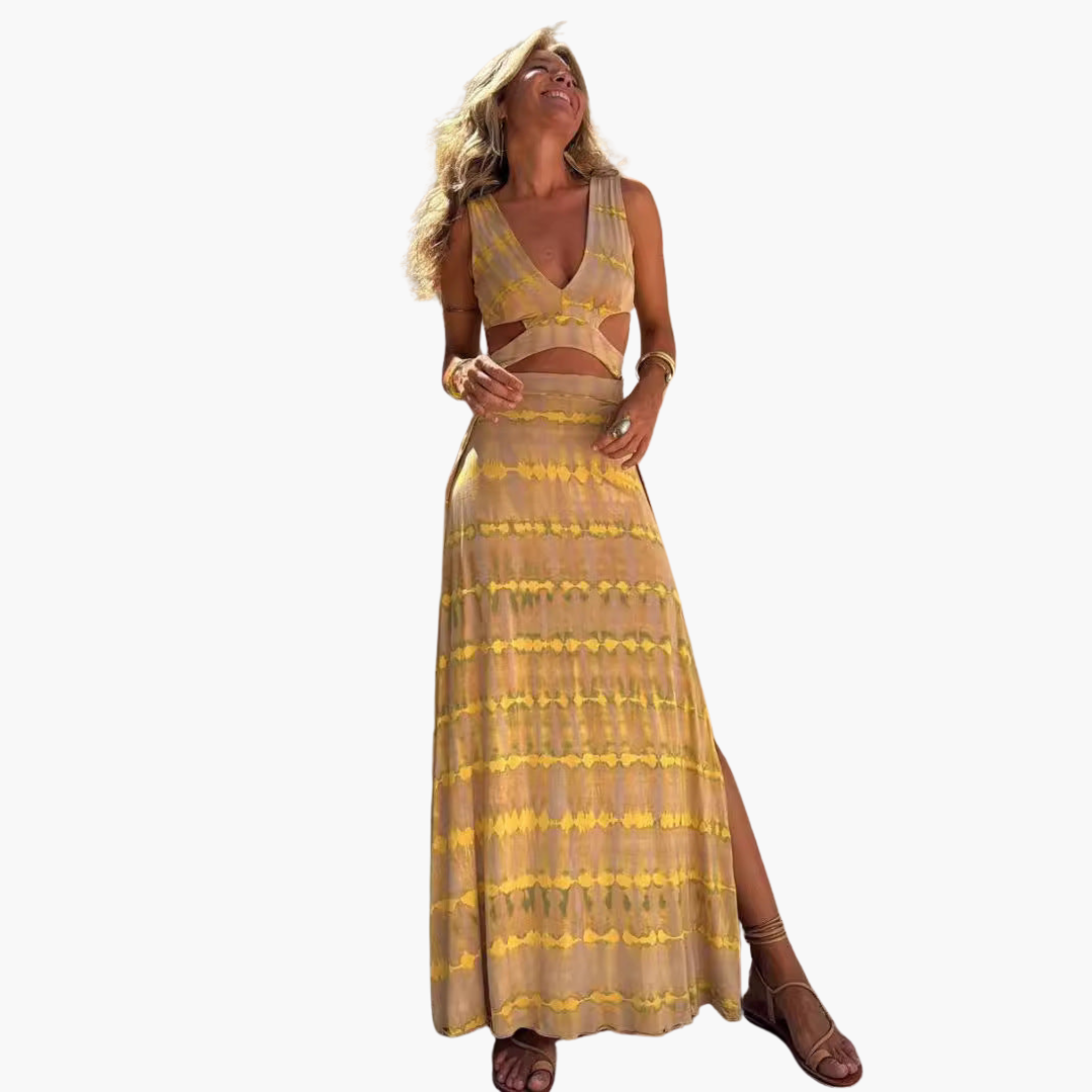 Maxi Dress for Women - V-Neck, Waist Cut-Out & Bold Print