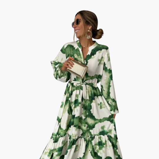 Elegant Tie-Dye Maxi Dress for Women – V-Neck & Long Sleeve