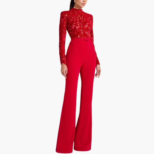 Embroidered Lace Jumpsuit for Women - Belted Waist & Flared Legs