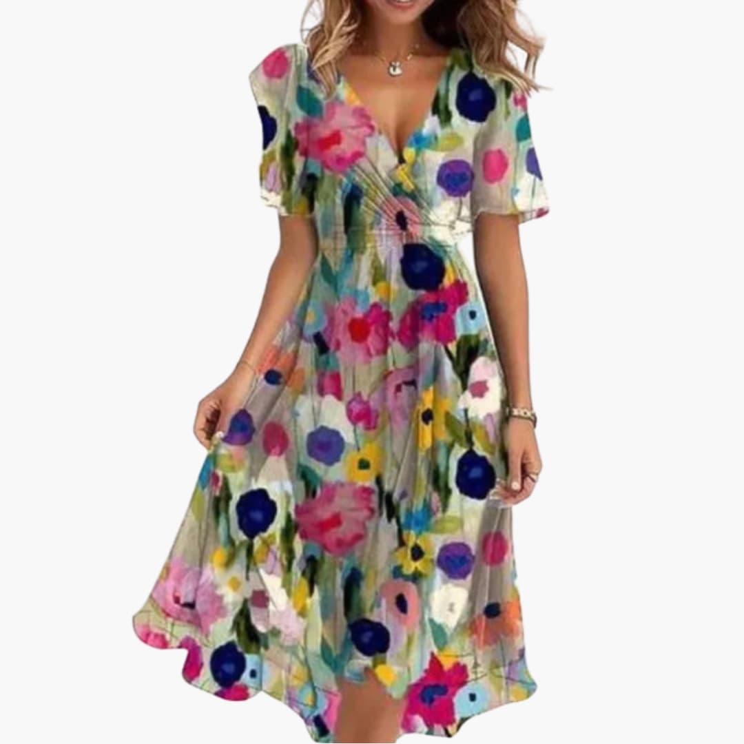 Elegant V-Neck Midi Dress – Women's Floral Summer Style