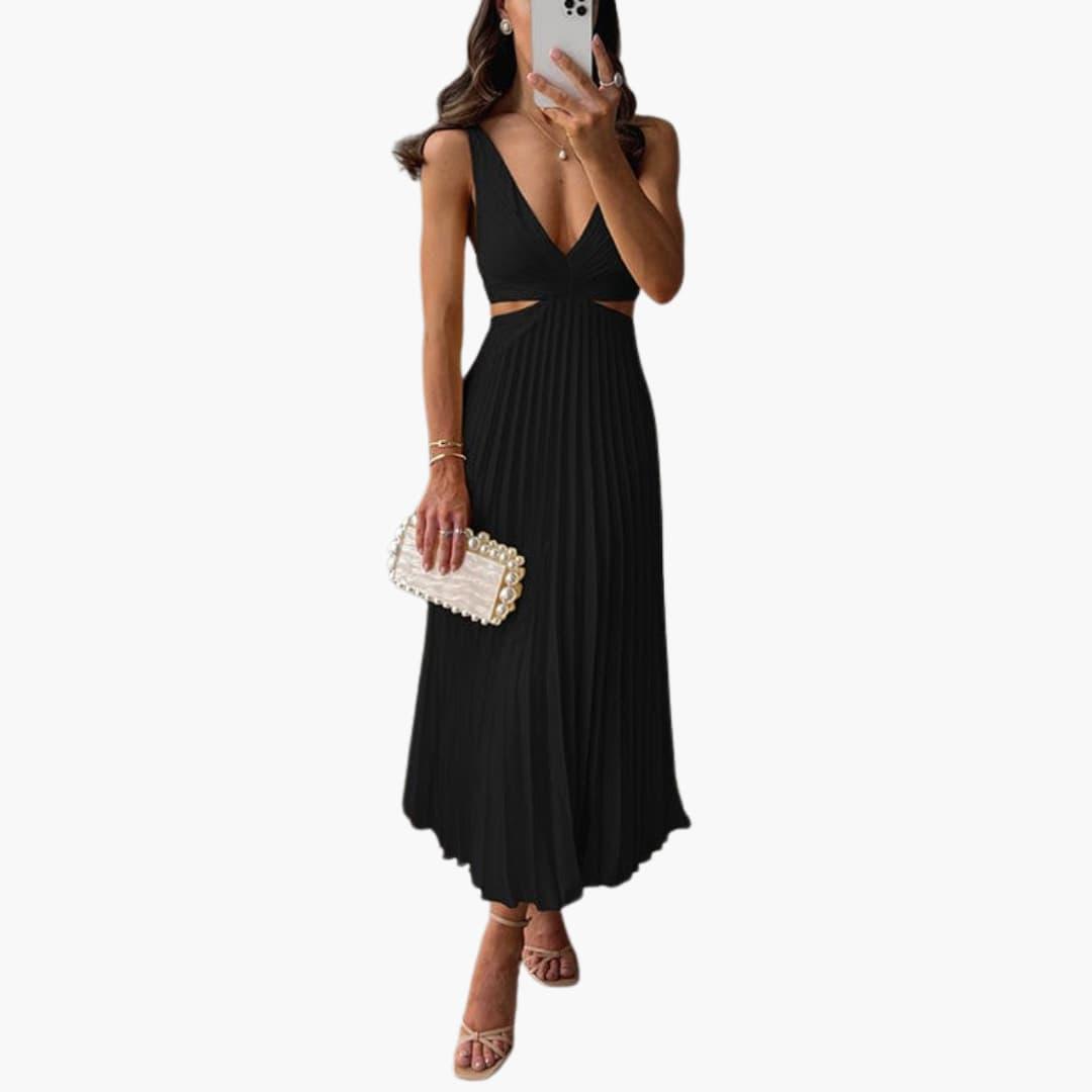 Pleated Neckline Dress for Women - Elegant Midi Style