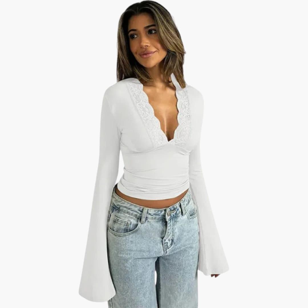 Low Cut Lace Flare Top - V Neck Semi-Cropped for Women