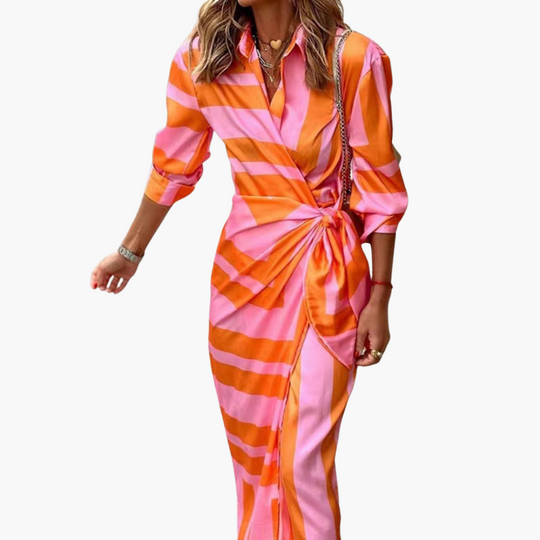 Midi Wrap Dress with 3/4 Sleeves for Women – Striped Pattern