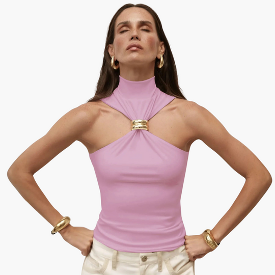 High Neck Halter Top with Gold Accent - Women's Evening Wear