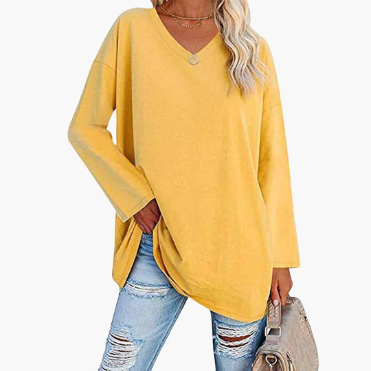 Elegant Loose Long Sleeve Blouse - V-Neck Top for Women