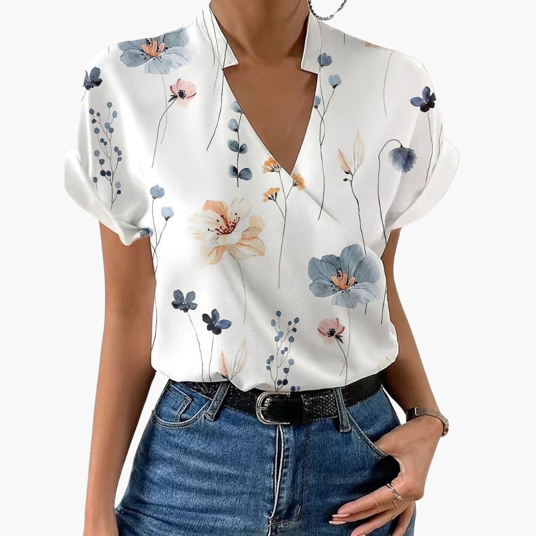 Floral V-Neck Blouse – Women's Lightweight Chiffon Top
