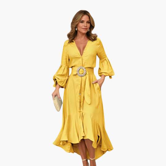 Belted Midi Dress for Women - Puff Sleeve & Ruffle Hem Style