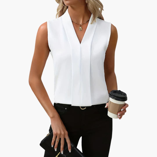 Women's summer V-neck sleeveless tank top with pleated front