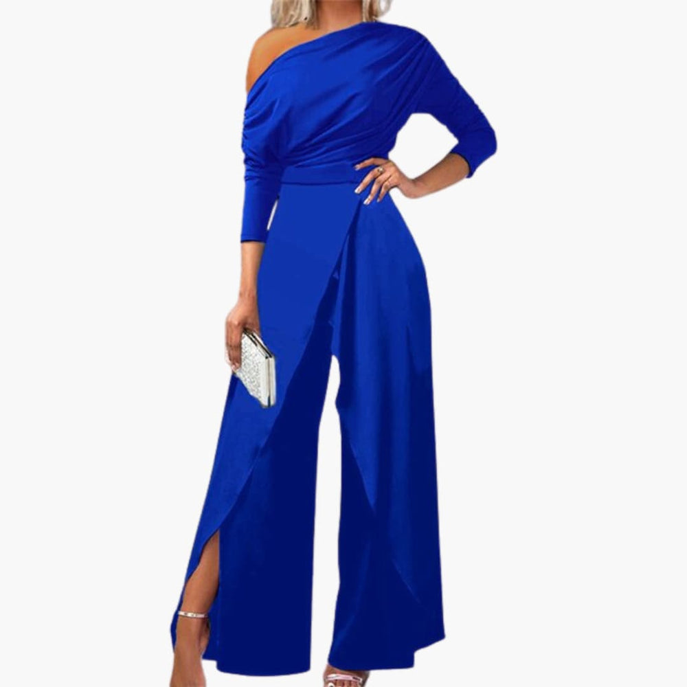 Women’s one shoulder wide leg jumpsuit with waist wrap slit