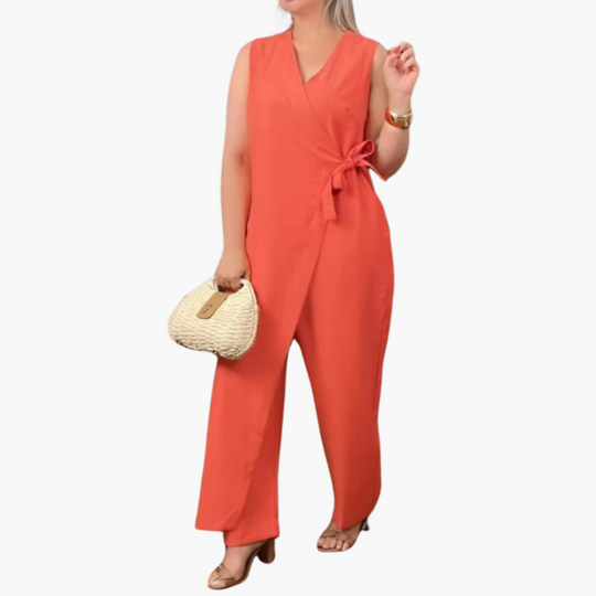 Wrap Jumpsuit for Women - Sleeveless Wide Leg Tie Waist