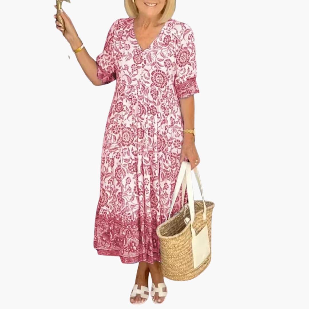 Boho Dress - Women’s Floral V-Neck Midi with Tiered Hem