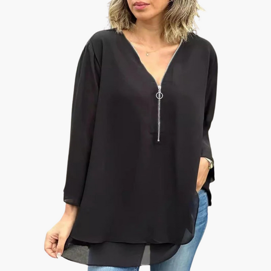 Half-Zip V-Neck Top for Women - Long Sleeve & Casual Chic