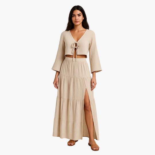 Two-Piece Set for Women - Tie-Front Top & High-Slit Skirt