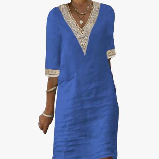 Elegant V-Neck Lace Trim Dress for Women – Chic & Flattering
