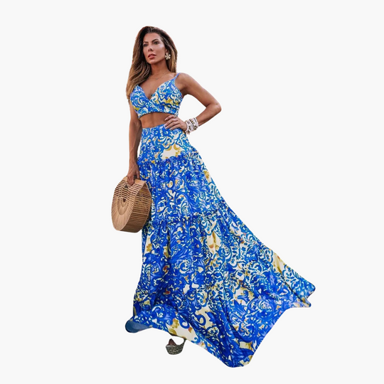Printed Two-Piece Set - Women's Beach Crop Top & Maxi Skirt