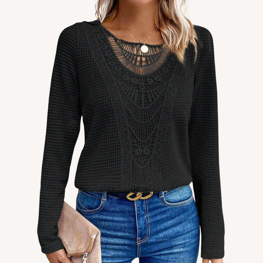 Becky | Lace-Trim Round Neck Long-Sleeve Top