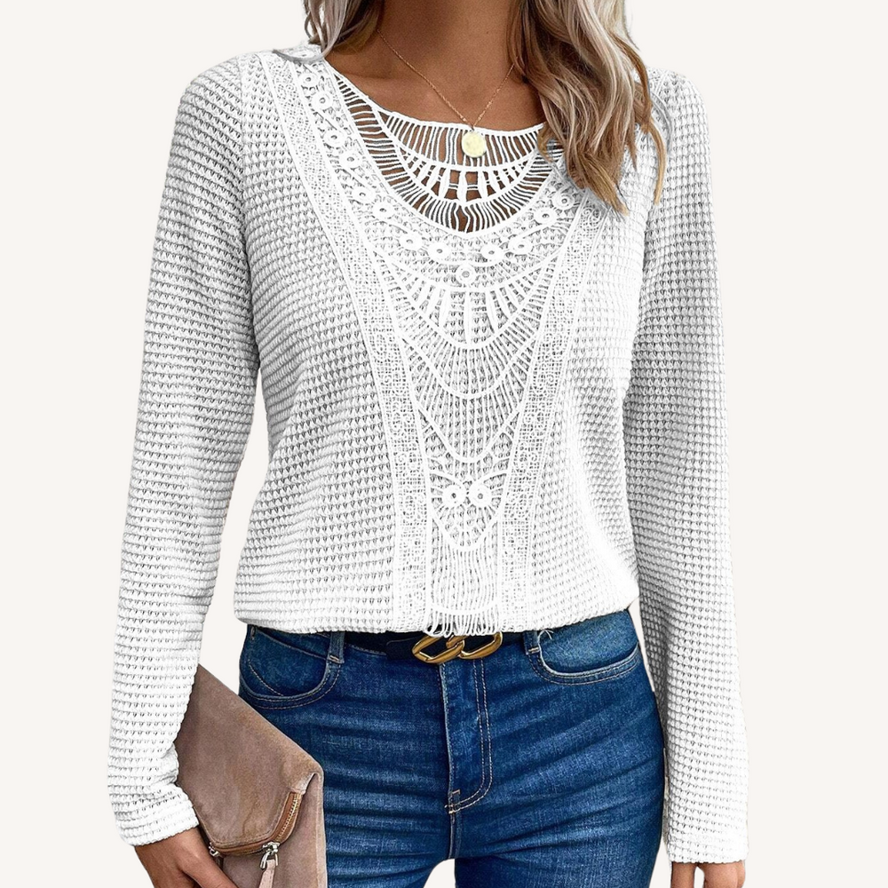 Becky | Lace-Trim Round Neck Long-Sleeve Top