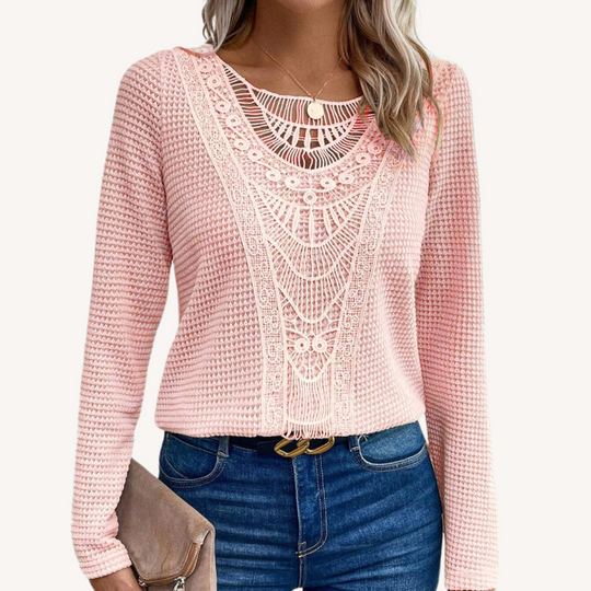 Becky | Lace-Trim Round Neck Long-Sleeve Top