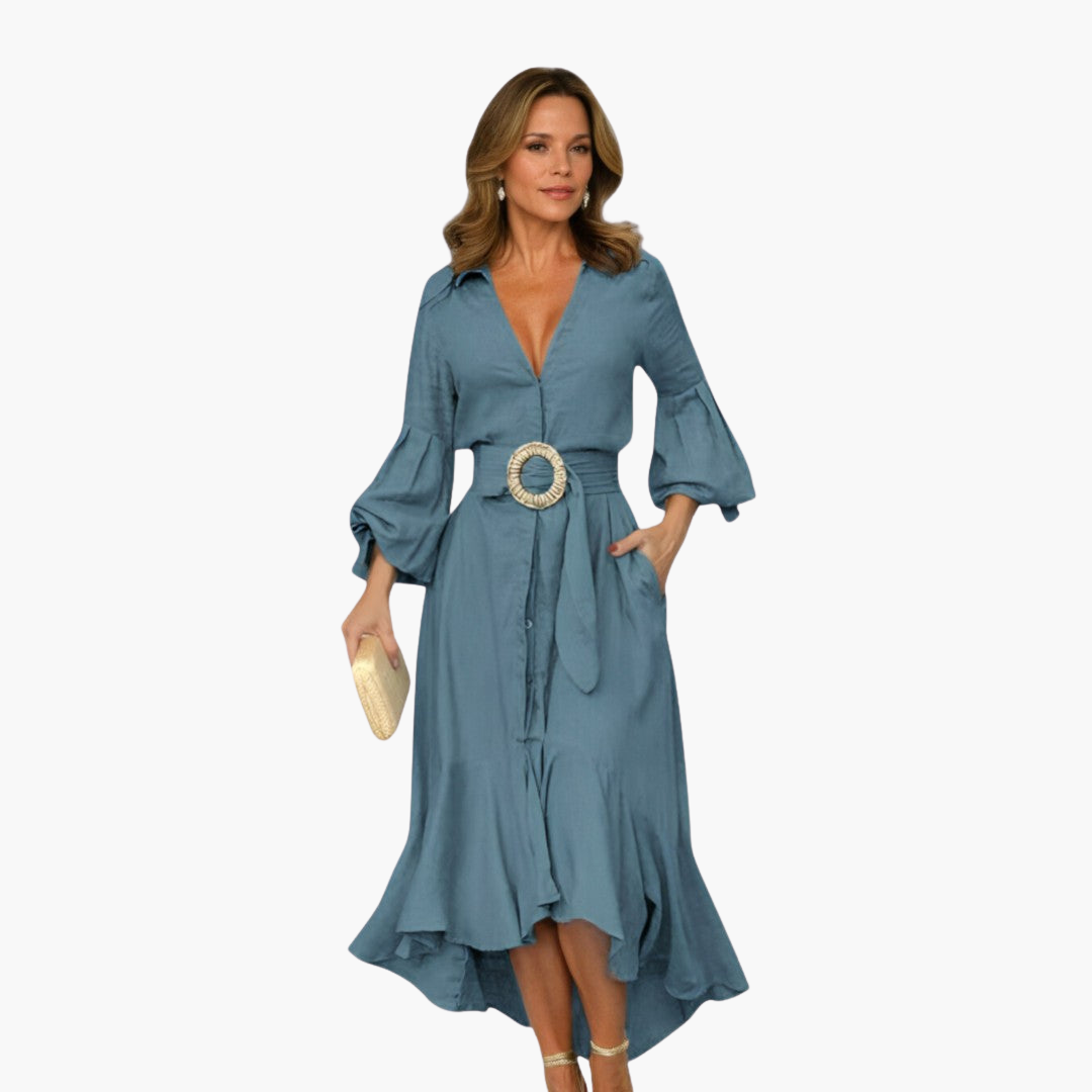 Belted Midi Dress for Women - Puff Sleeve & Ruffle Hem Style