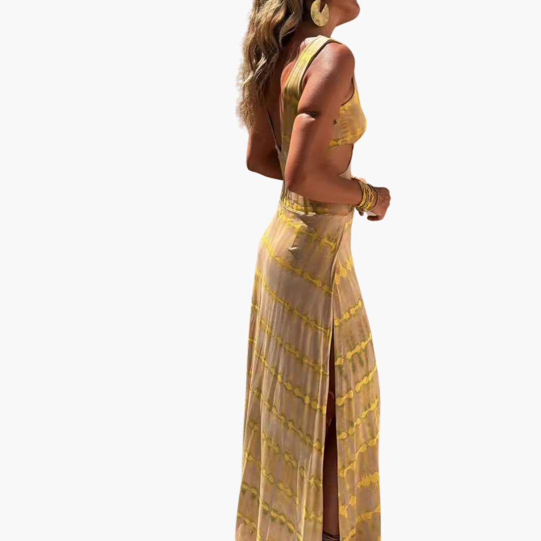 Maxi Dress for Women - V-Neck, Waist Cut-Out & Bold Print