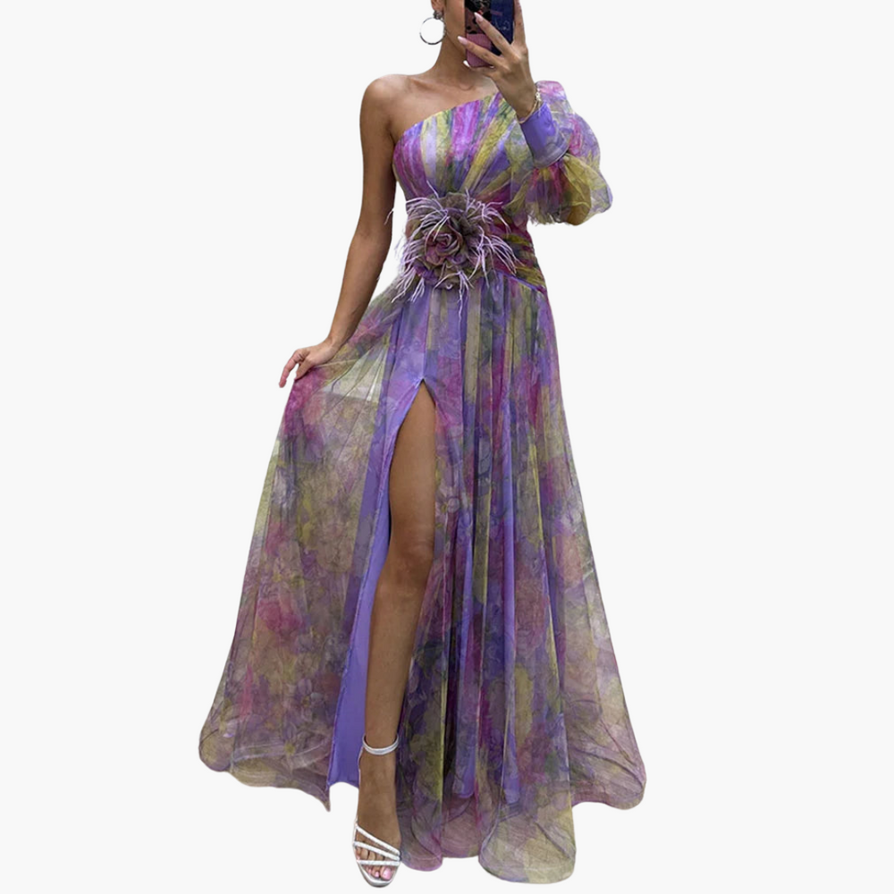 Elegant One-Shoulder Dress for Women - Floral Design with Slit