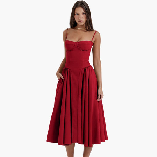 Midi Dress - Women’s Retro Corset Fit with Pleated Skirt