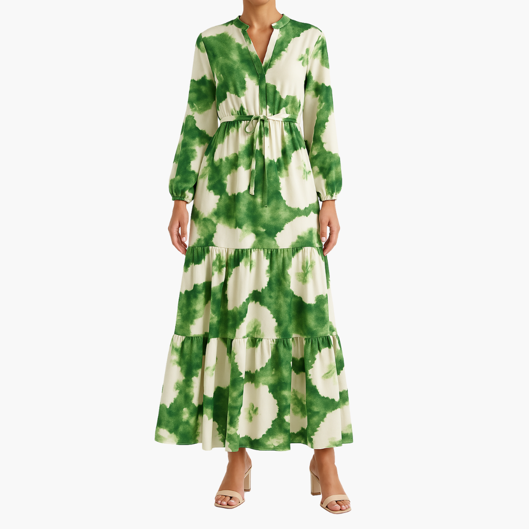 Elegant Tie-Dye Maxi Dress for Women – V-Neck & Long Sleeve