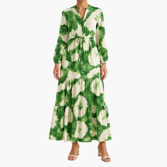 Elegant Tie-Dye Maxi Dress for Women – V-Neck & Long Sleeve