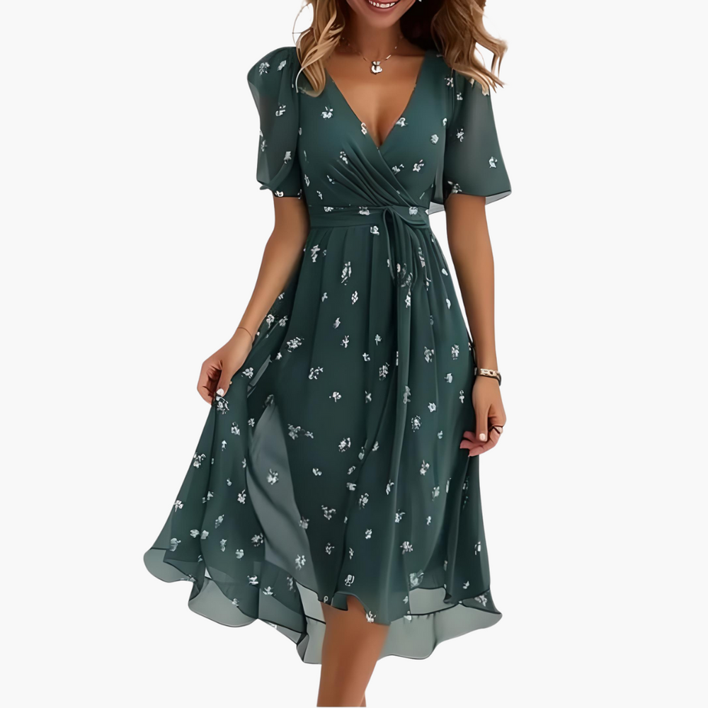 Women’s midi dress with V-neck and flared summer skirt
