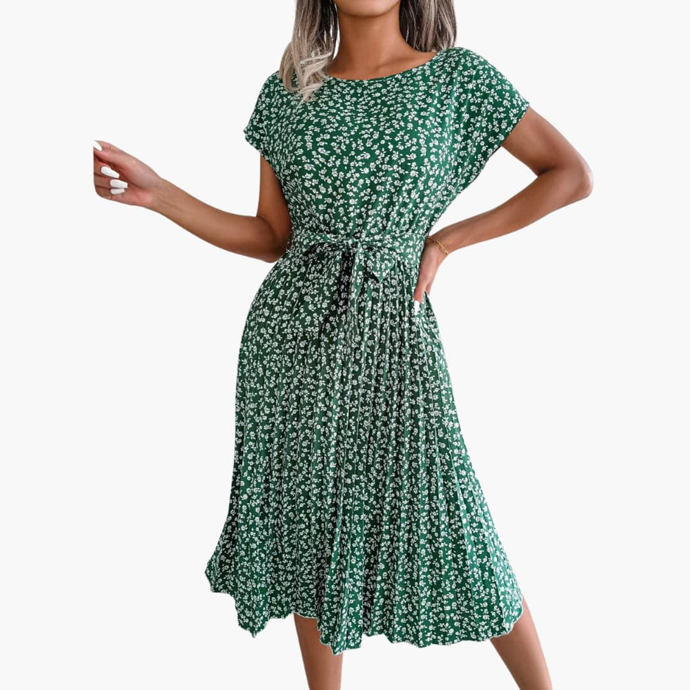 Summer Dress - Women’s Floral Belted Casual Knee-Length Fit