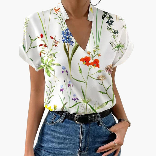 Floral V-Neck Blouse – Women's Lightweight Chiffon Top