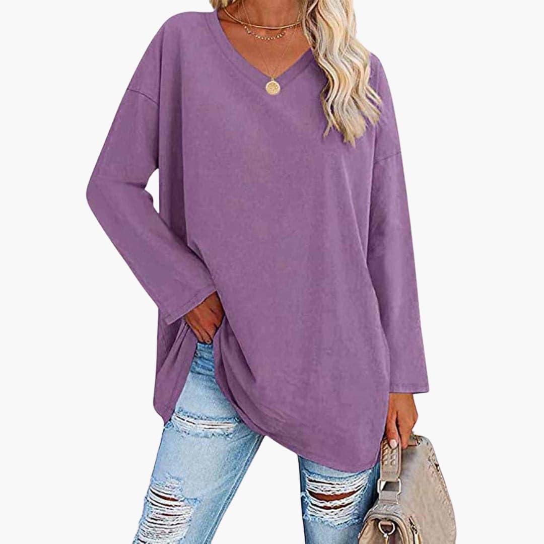 Elegant Loose Long Sleeve Blouse - V-Neck Top for Women