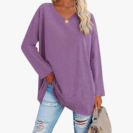 Elegant Loose Long Sleeve Blouse - V-Neck Top for Women