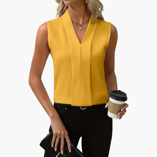 Women's summer V-neck sleeveless tank top with pleated front