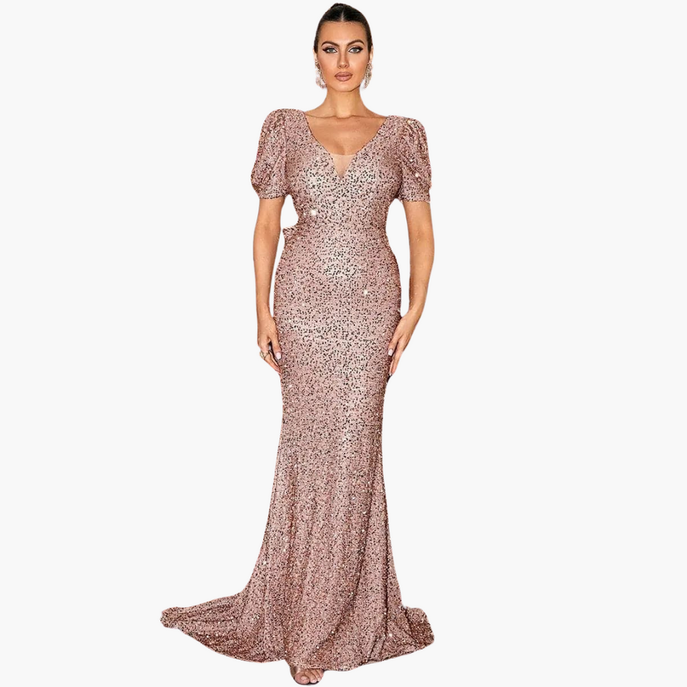 Evening dress with puff - sleeves & sequins for women V-neck maxi