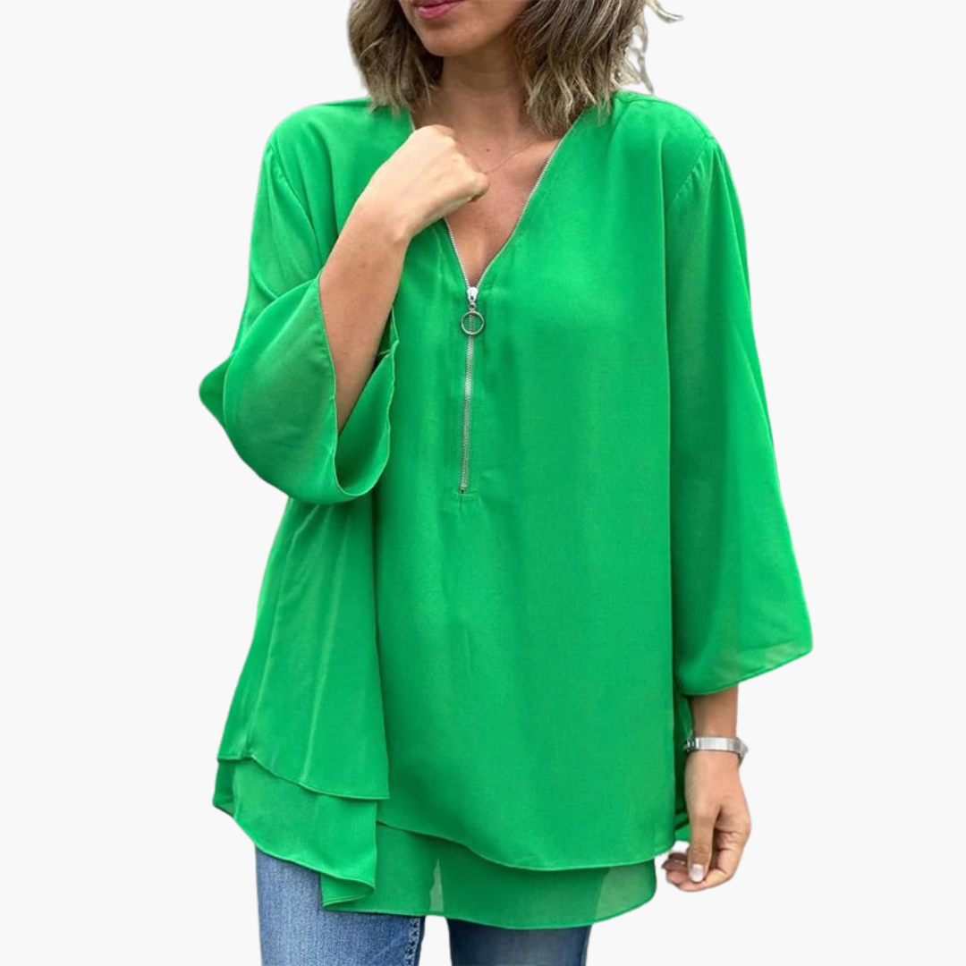 Half-Zip V-Neck Top for Women - Long Sleeve & Casual Chic