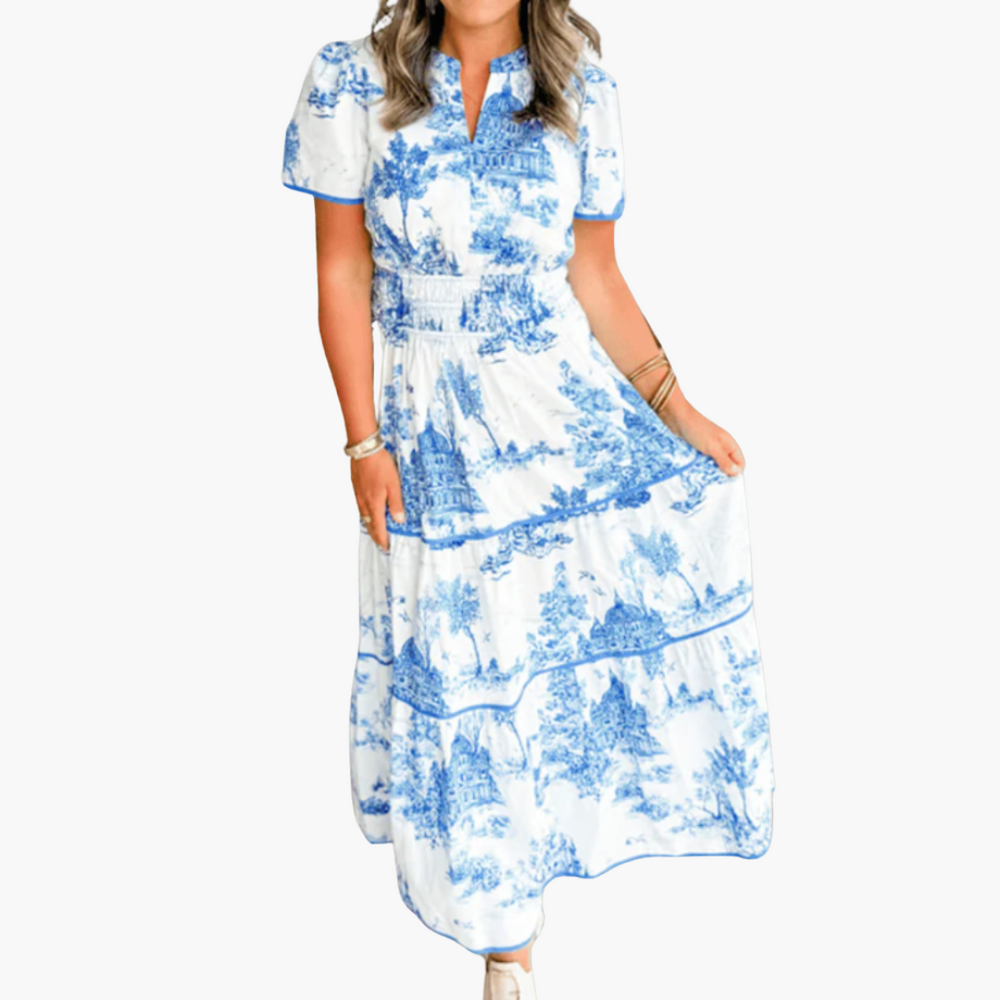 Vintage Maxi Dress for Women - Puff Sleeve & Tiered Skirt